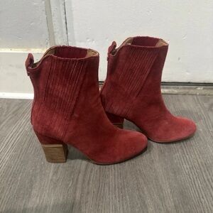 Women's Red Suede Block Heel Ankle Booties
